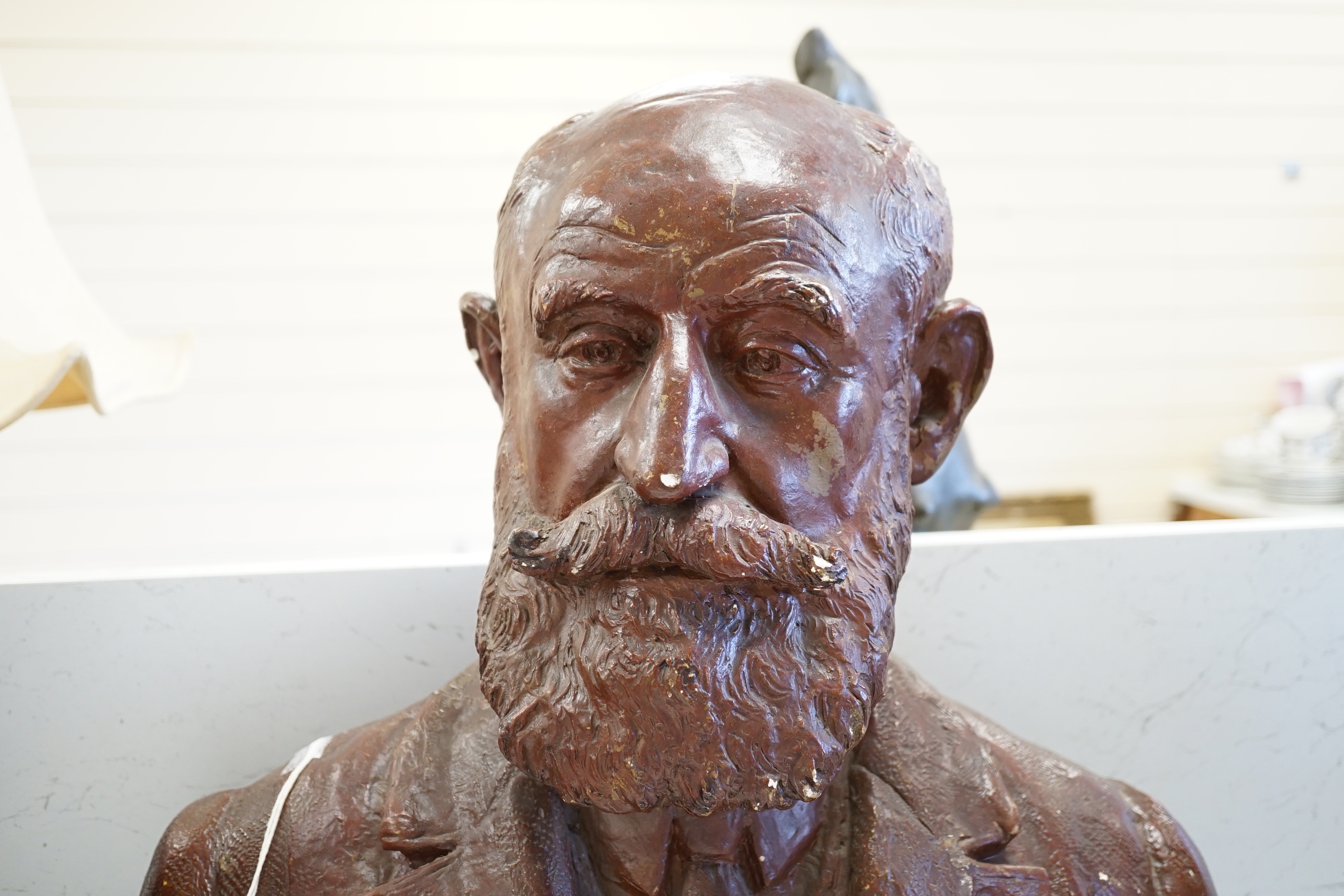 'Lavaysse' - A painted plaster bust of a gentleman, 56cm high